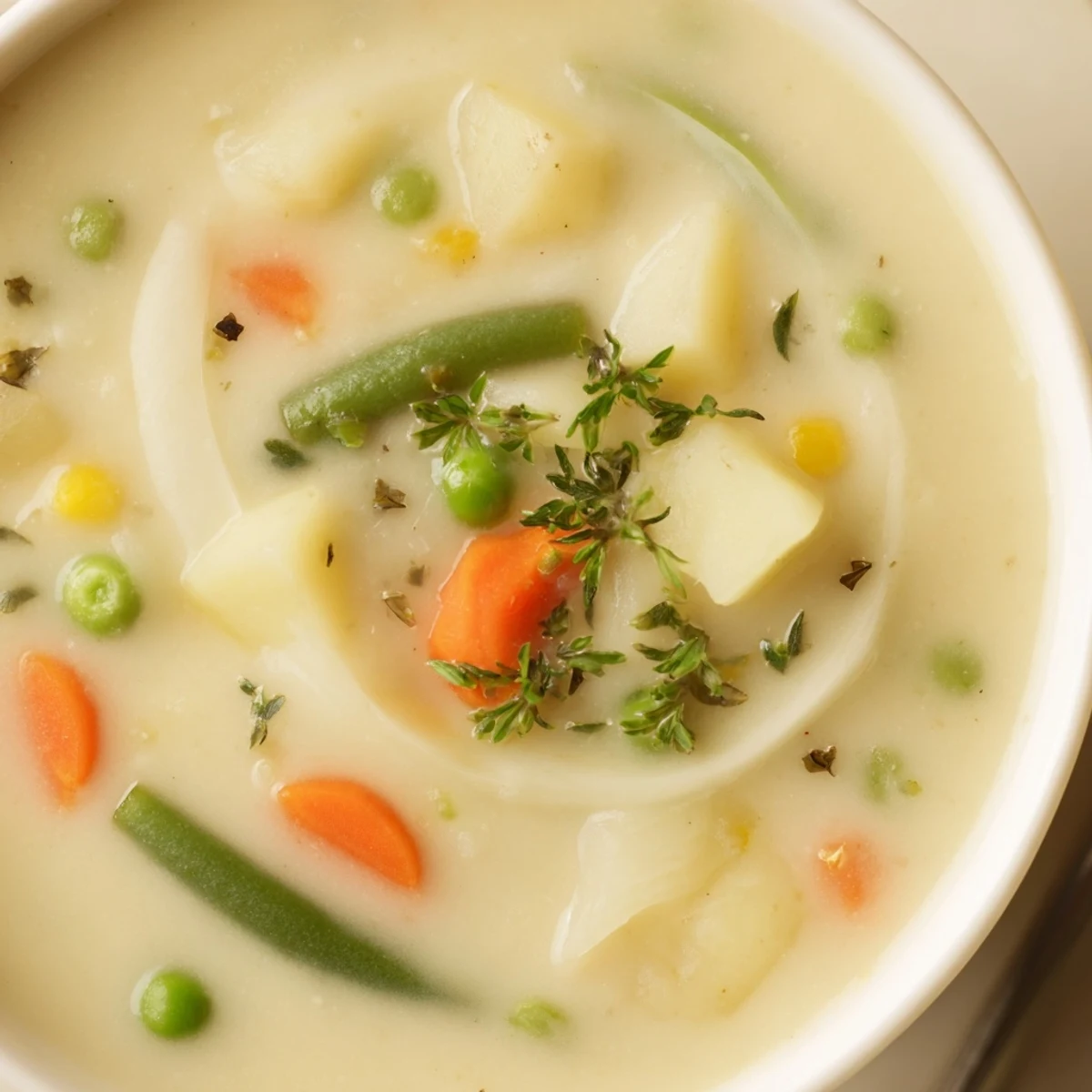 Hearty Creamy Vegetable Soup Recipe steaming in white bowl, carrots visible