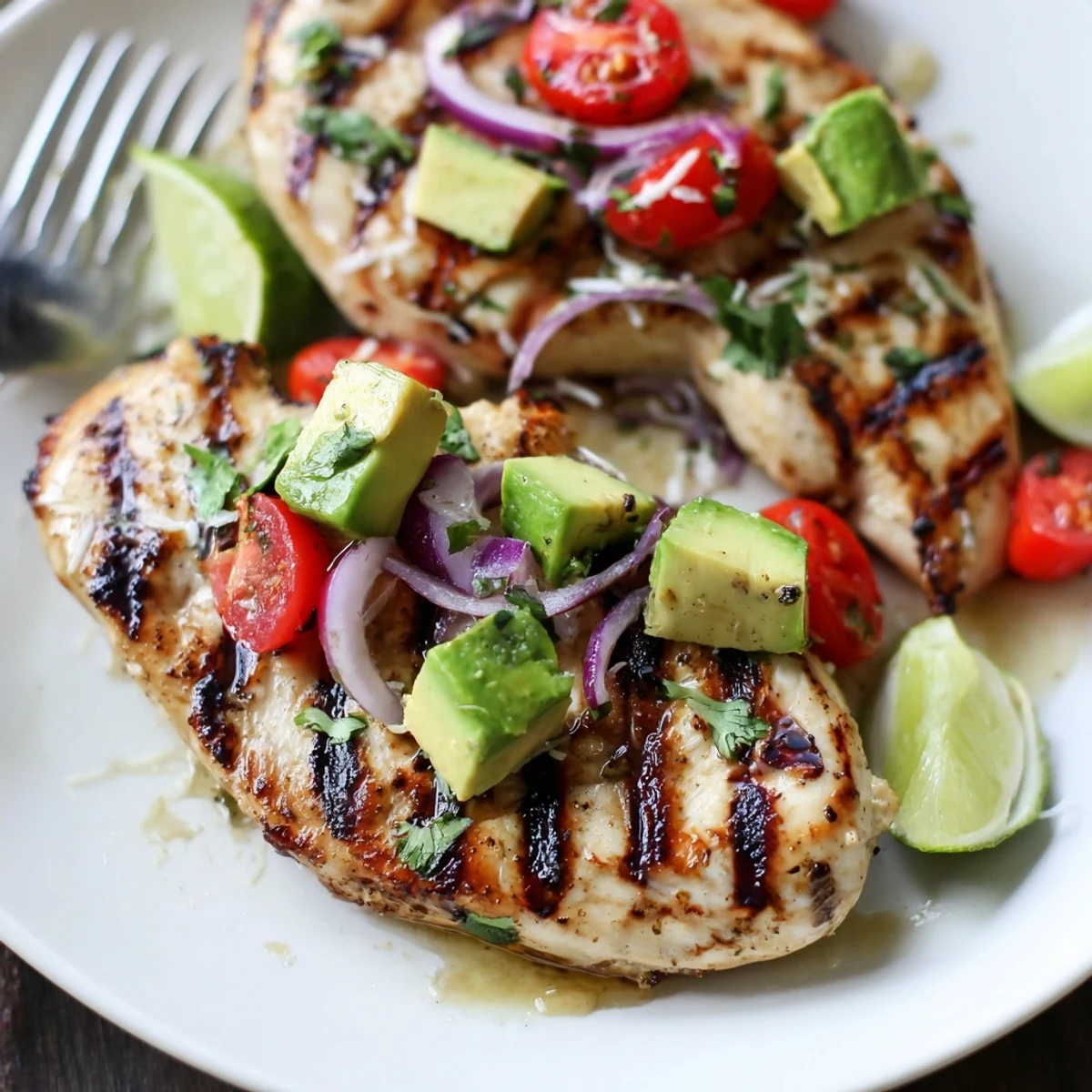 Zesty Fiesta Lime Chicken With Avocado served over warm tortillas and rice.