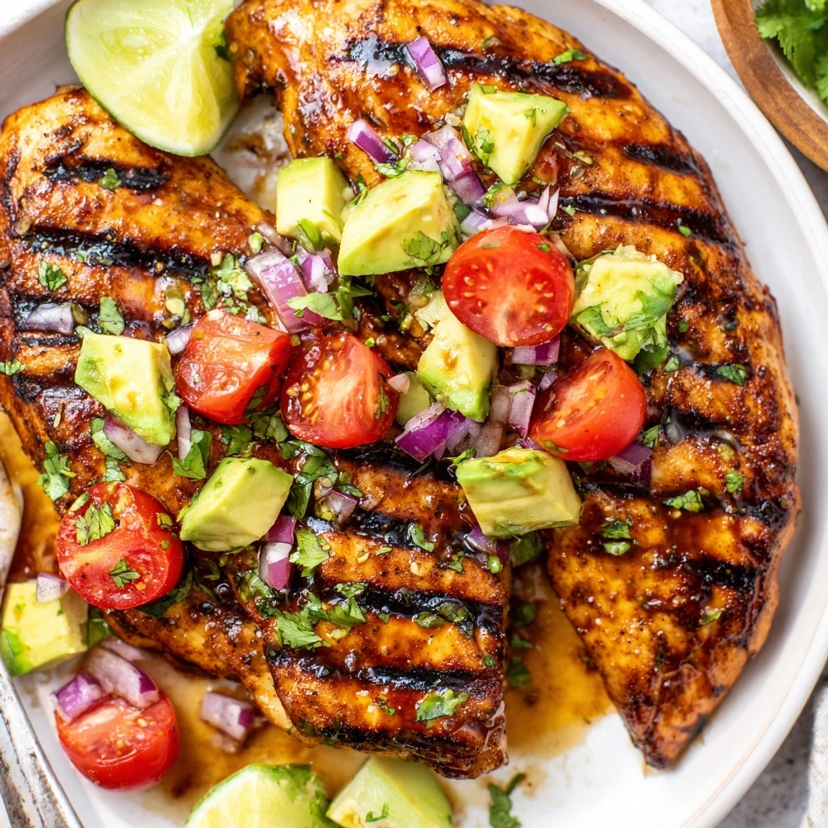 Grilled Fiesta Lime Chicken With Avocado topped with bright cilantro and lime.