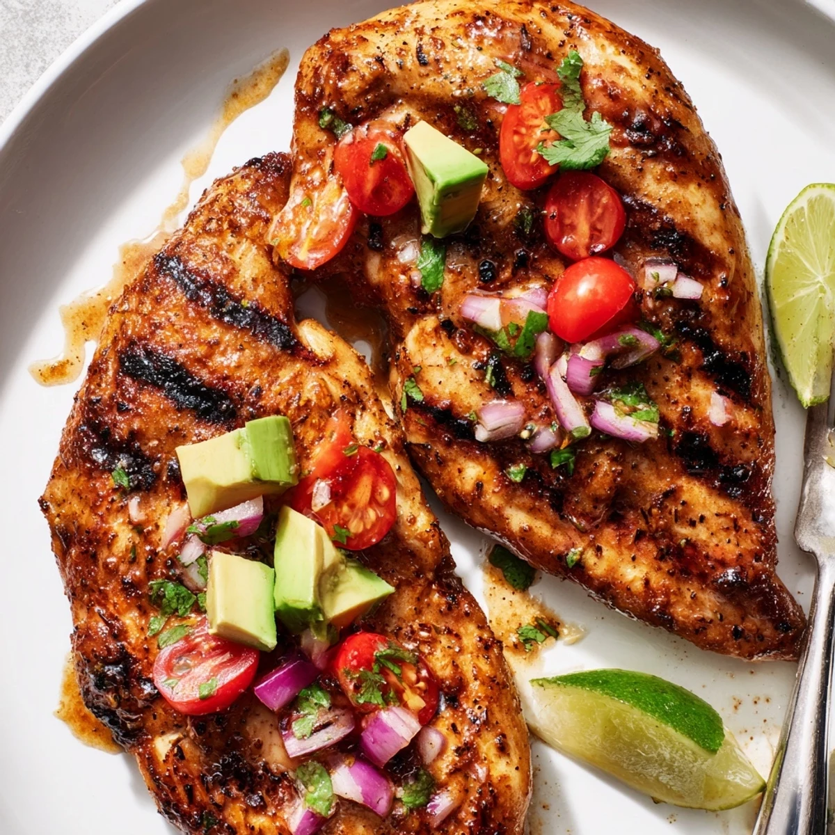 Charred Fiesta Lime Chicken With Avocado finished with creamy cilantro-lime salsa.