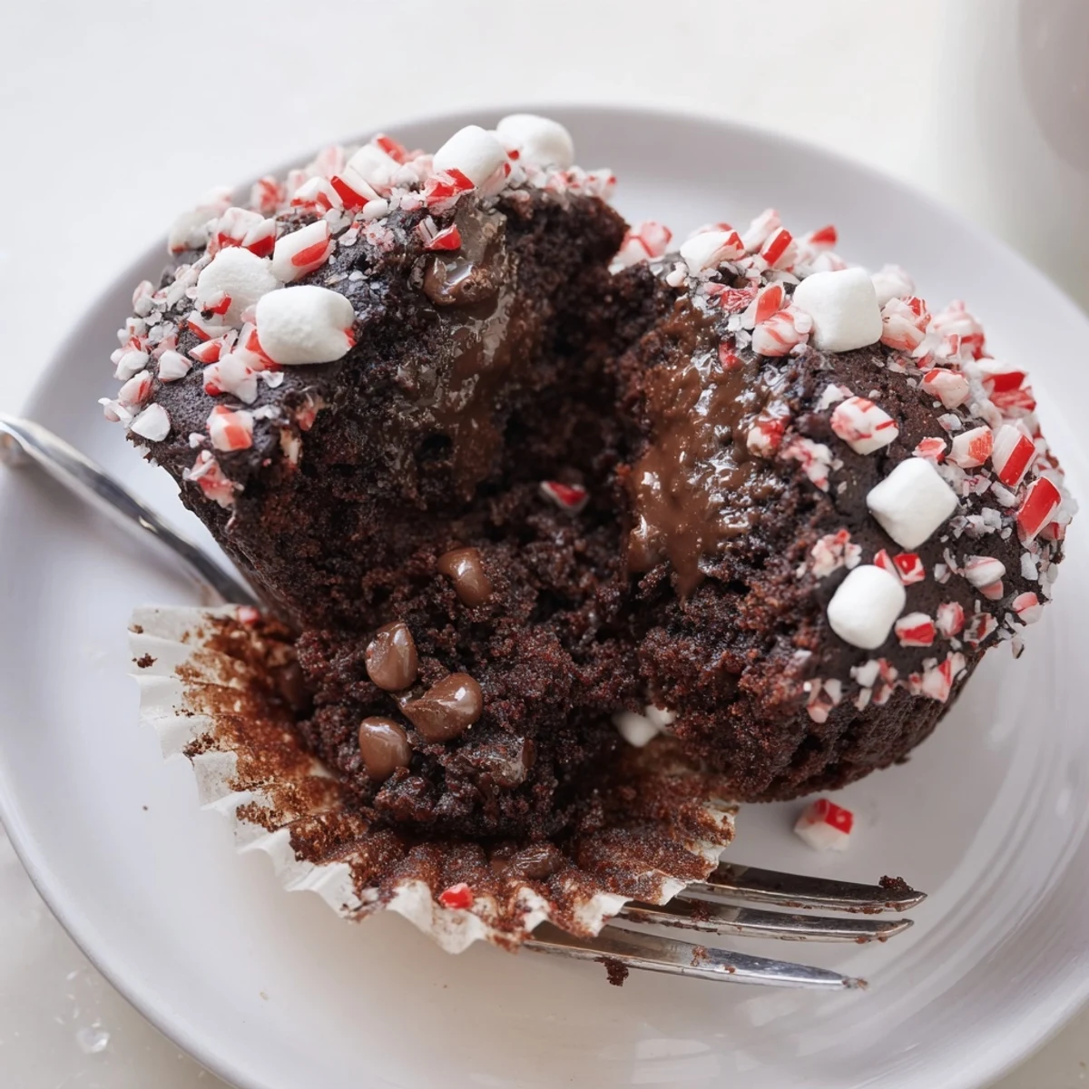 Peppermint Hot Chocolate Muffins topped with crushed candy, perfect alongside hot cocoa