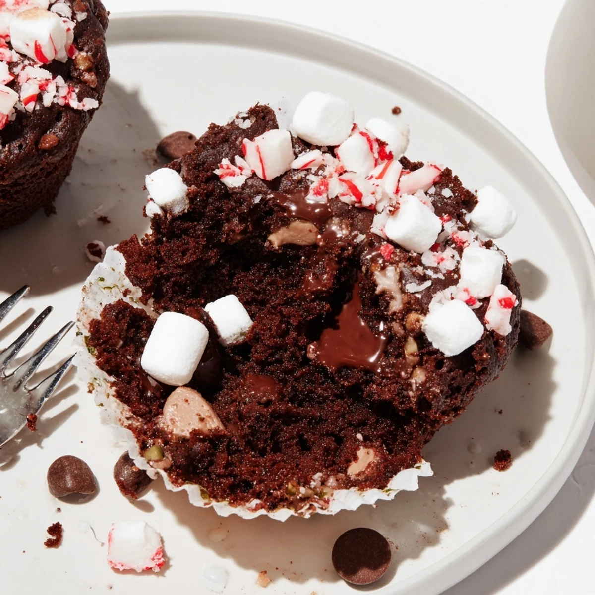 Freshly baked Peppermint Hot Chocolate Muffins cooling on a wire rack, aromatic