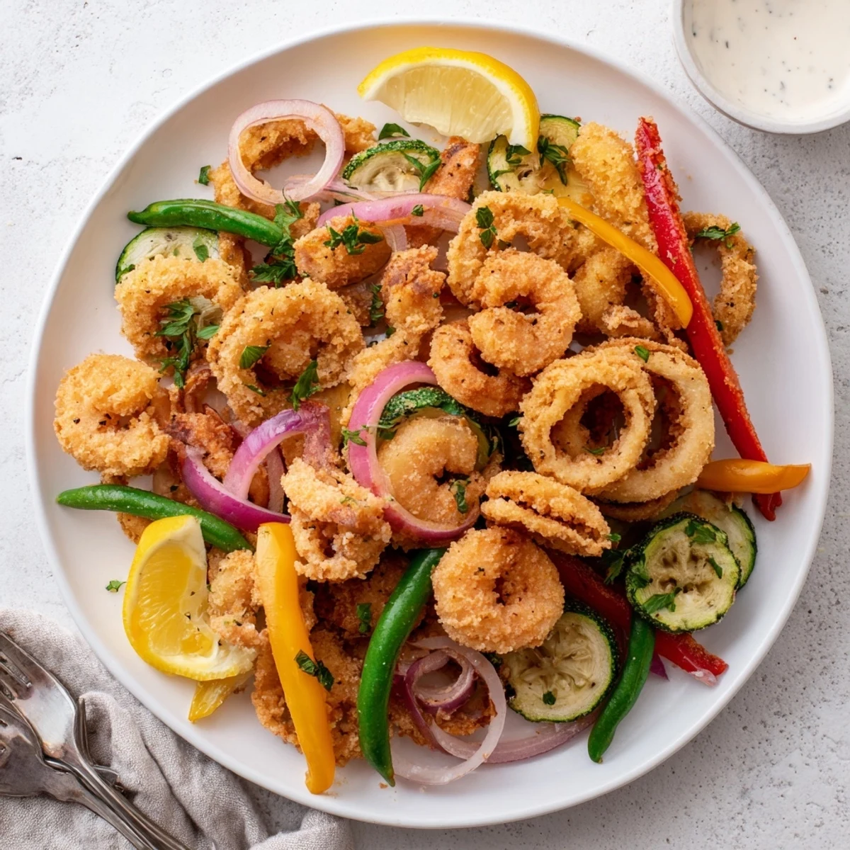 Golden Crispy Shrimp Fritto Misto arranged on platter with lemon wedges