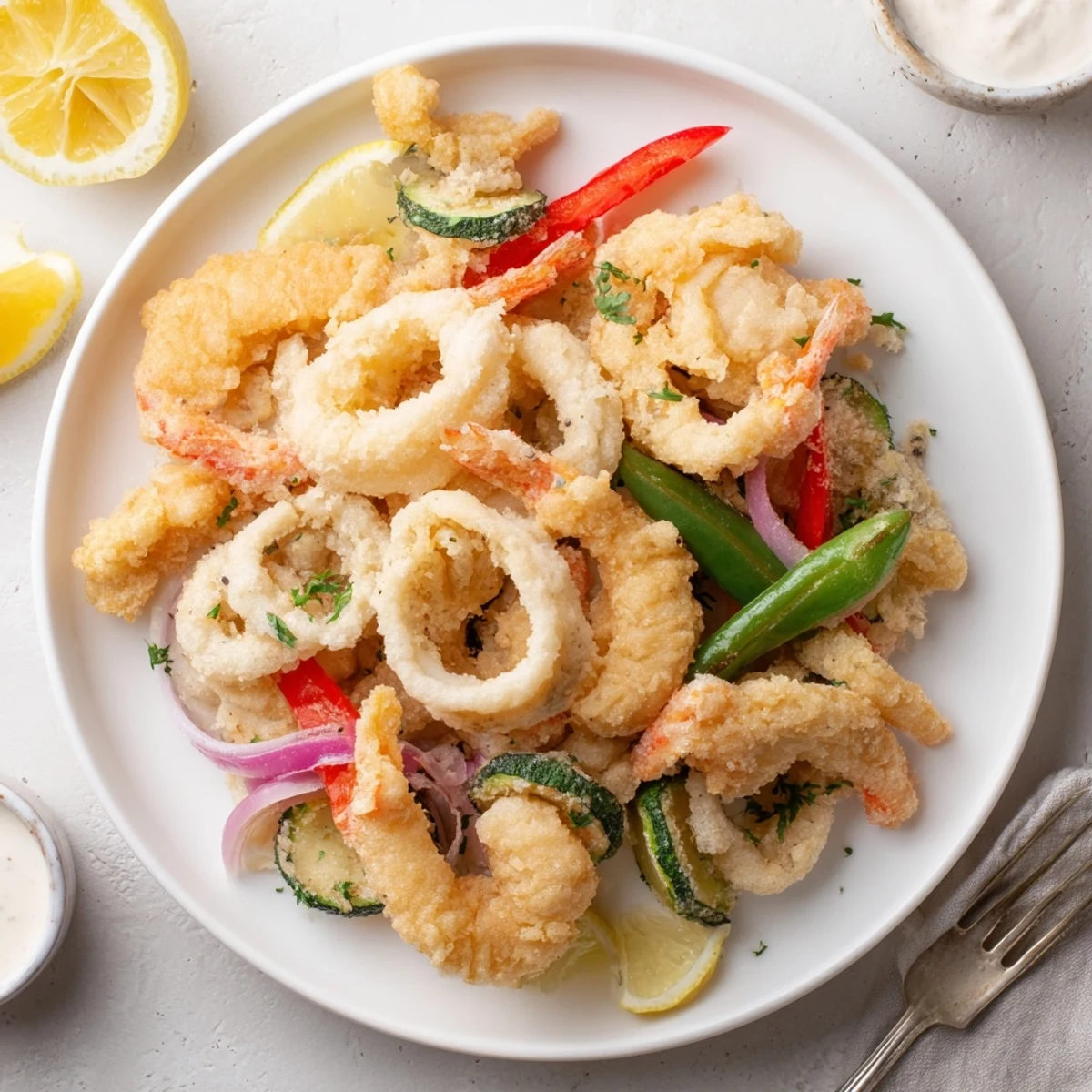 A close-up of Crispy Shrimp Fritto Misto showing crunchy batter and herbs