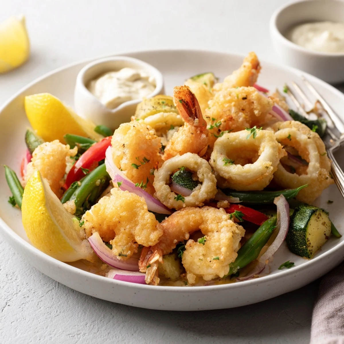 Freshly fried Crispy Shrimp Fritto Misto piled high, served with aioli