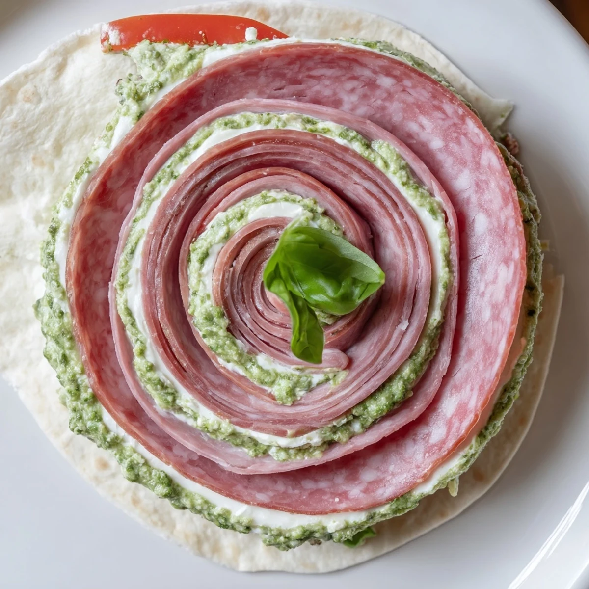 Platter of Italian Pinwheel Sandwiches with creamy pesto and crisp veggies