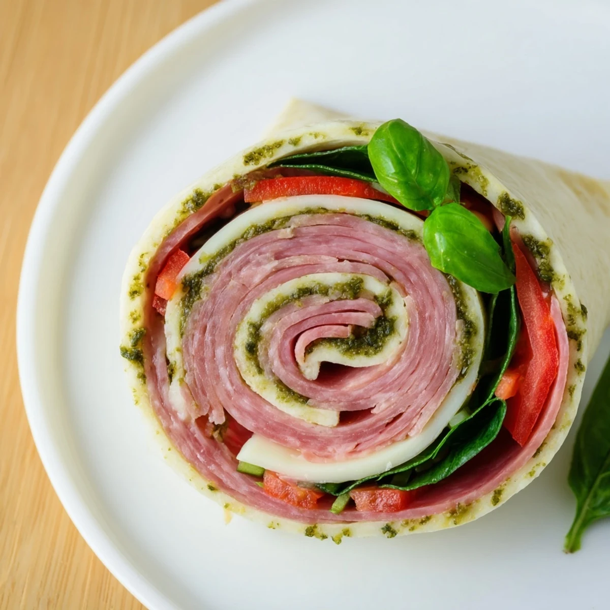 Chilled Italian Pinwheel Sandwiches sliced into spirals, provolone and fresh spinach