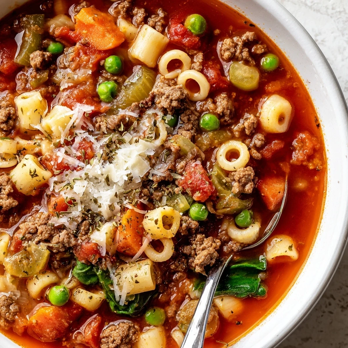 Delicious Homemade Ground Beef Pasta Soup Recipe For Comfort steaming bowl with grated Parmesan