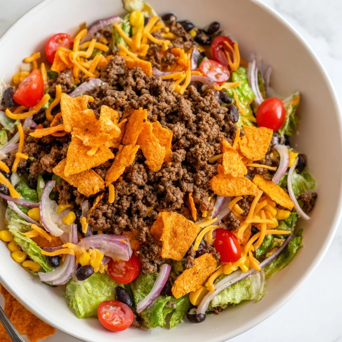 Bowl of Simple Doritos Taco Salad: crisp romaine, cheddar, warm taco beef