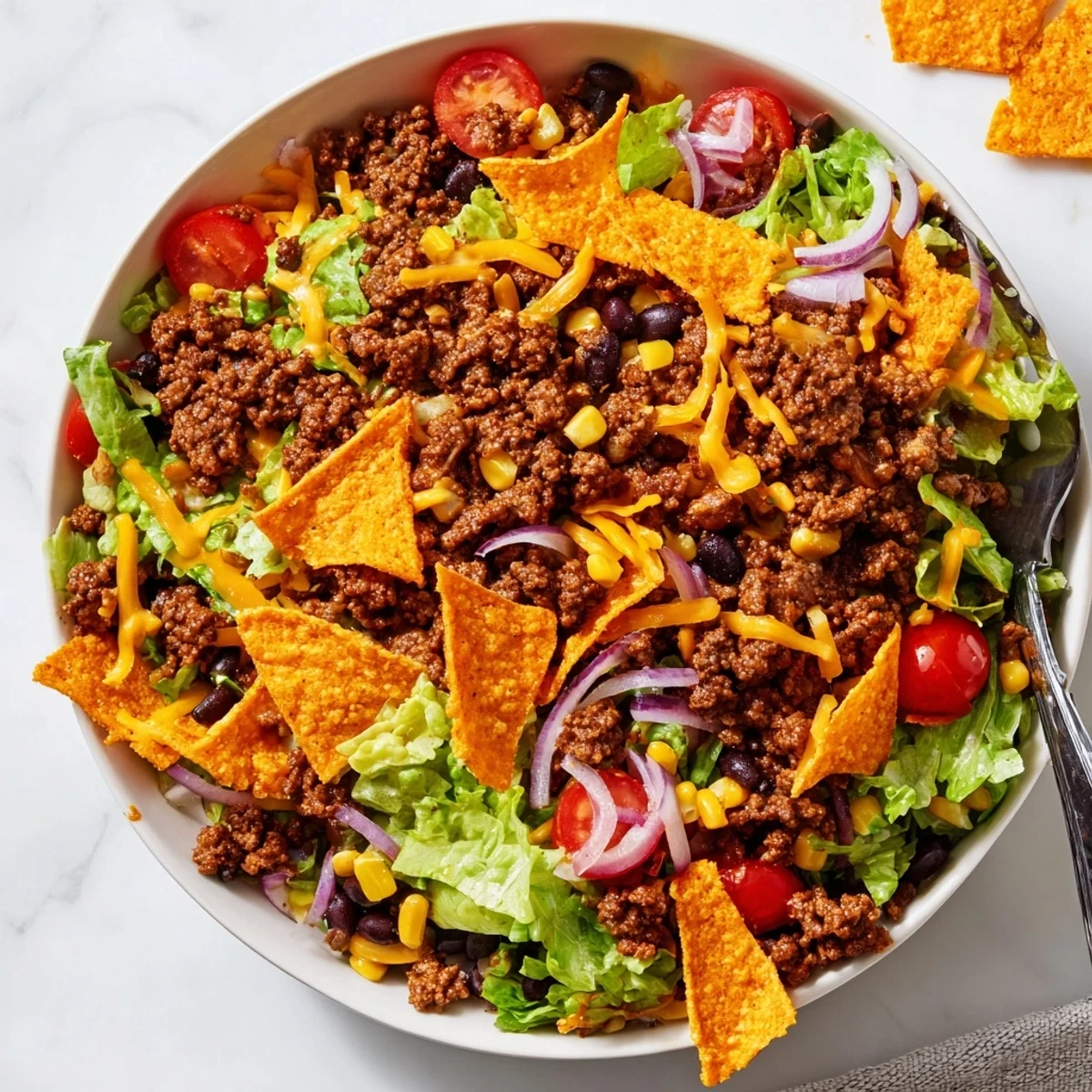 Simple Doritos Taco Salad with seasoned beef, crunchy chips, creamy ranch drizzle