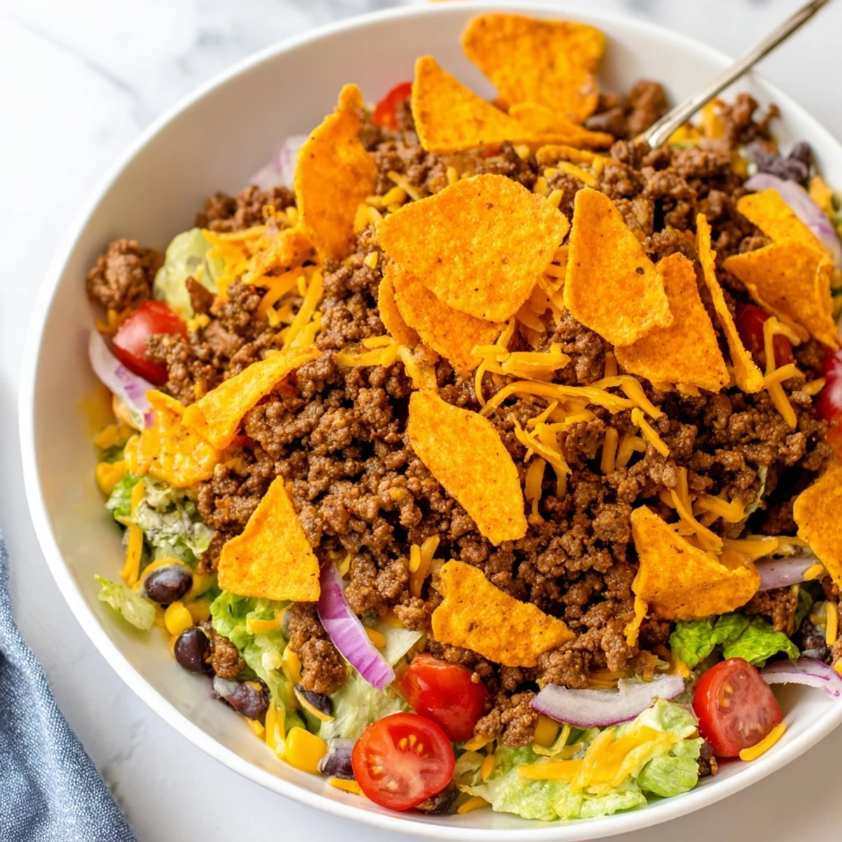 Party-ready Simple Doritos Taco Salad piled high, tomatoes, beans, zesty dressing