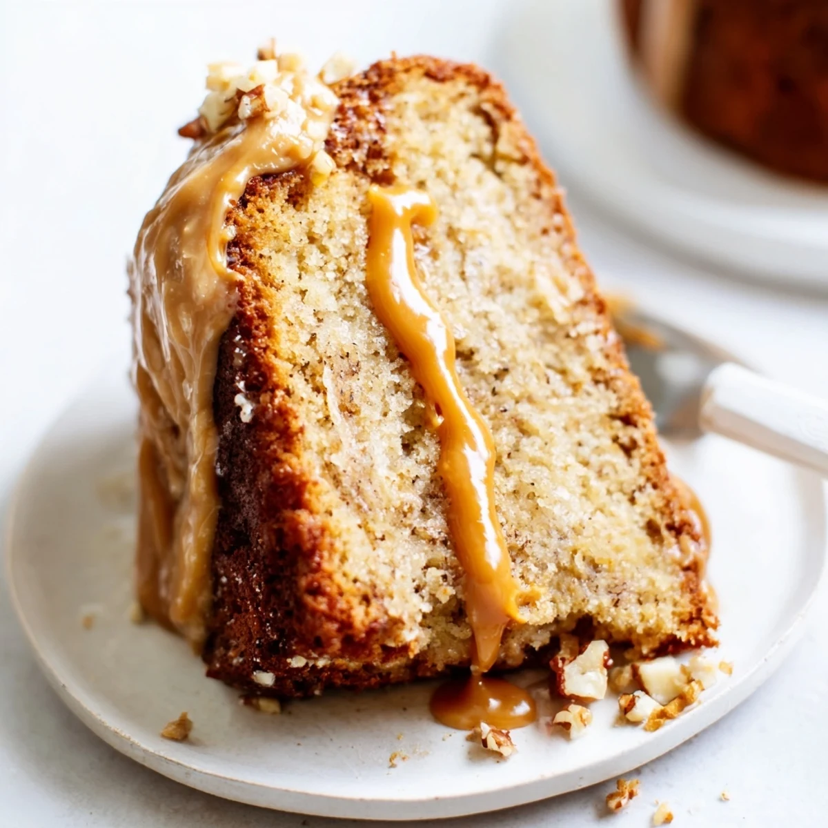 Warm slice of Salted Caramel Brown Butter Banana Cake drizzled with sea salt