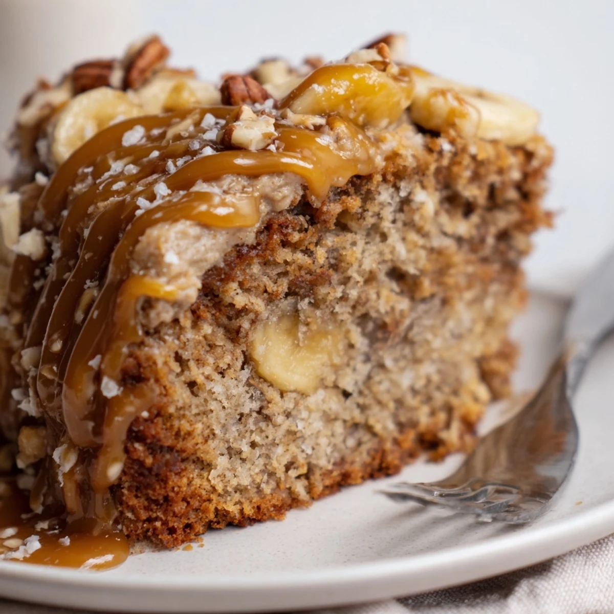 Fork cutting into Salted Caramel Brown Butter Banana Cake, nutty aroma wafts