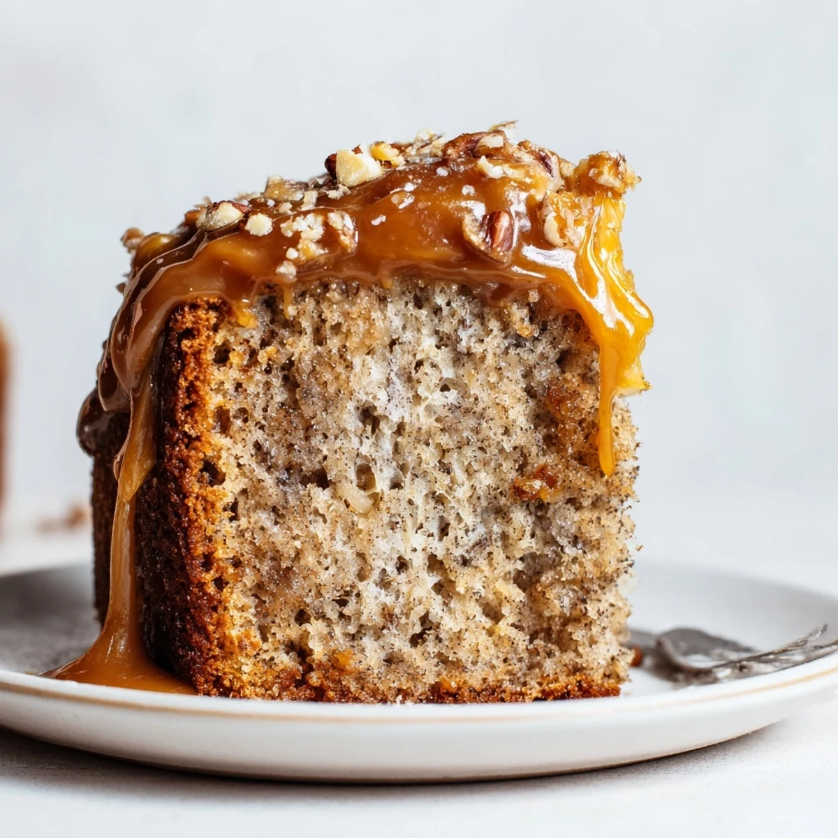 Layered Salted Caramel Brown Butter Banana Cake on plate, glossy caramel and pecans