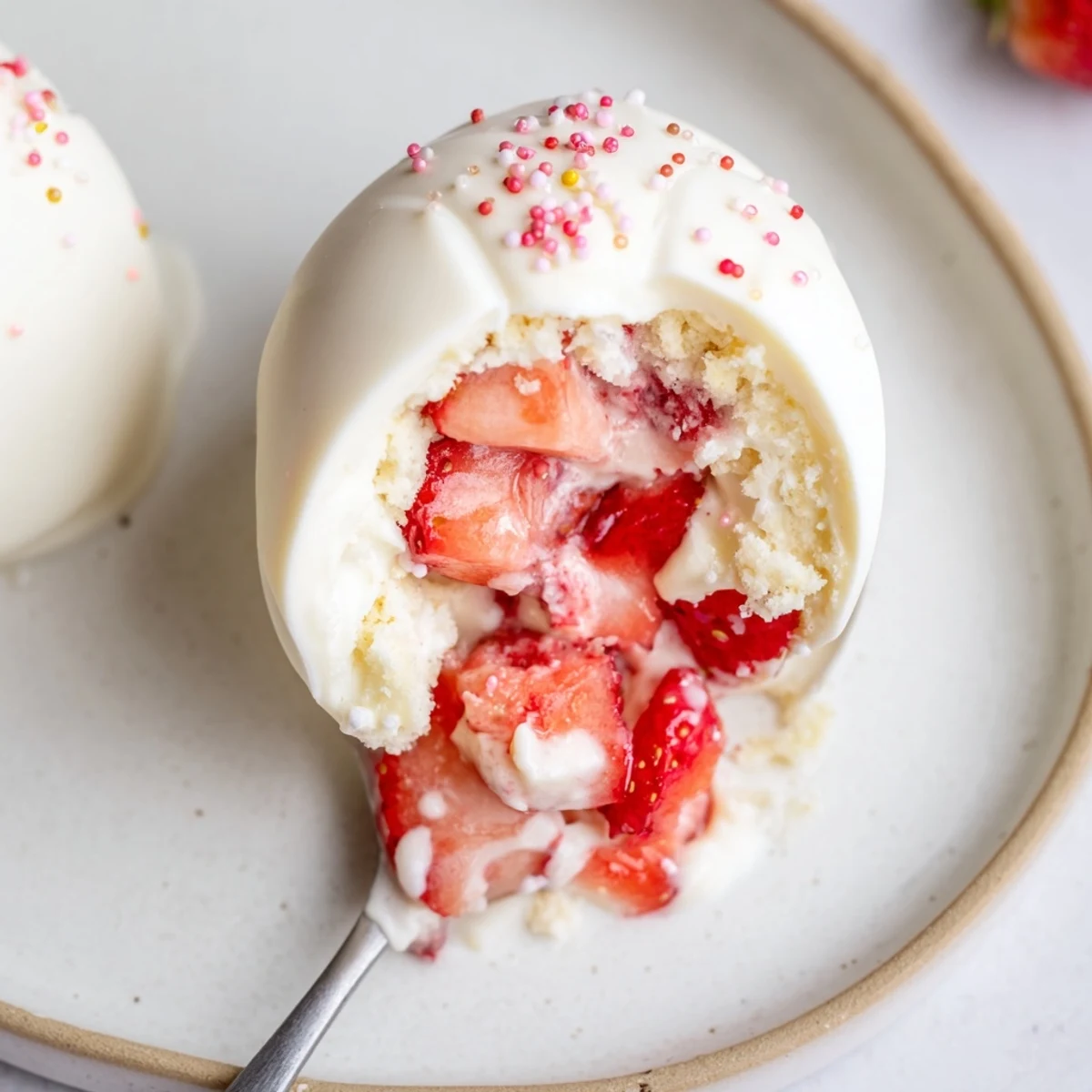 Homemade Strawberry Shortcake Easter Egg Bombs chilled, drizzled chocolate, festive spring dessert
