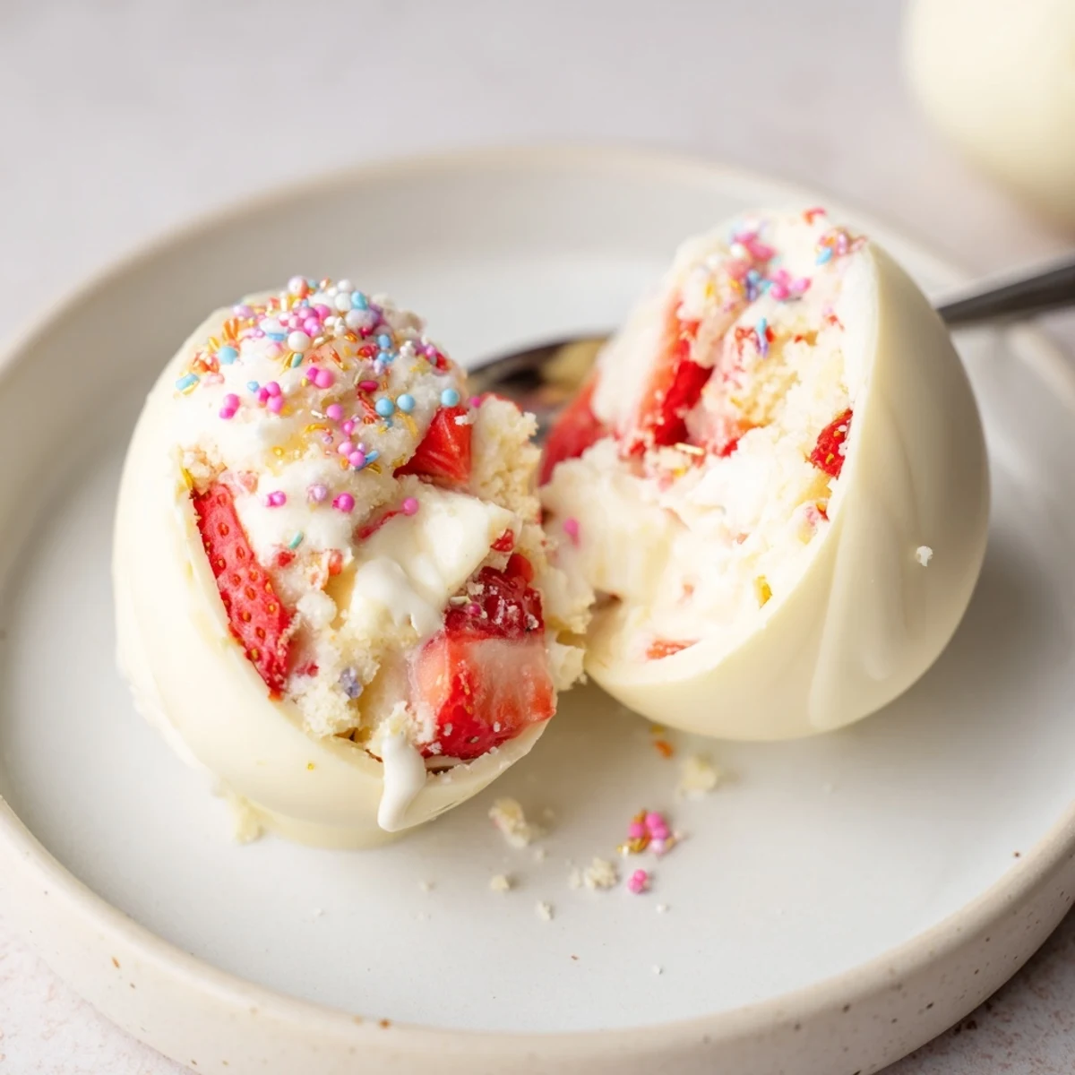 Strawberry Shortcake Easter Egg Bombs with creamy filling and fresh strawberry burst