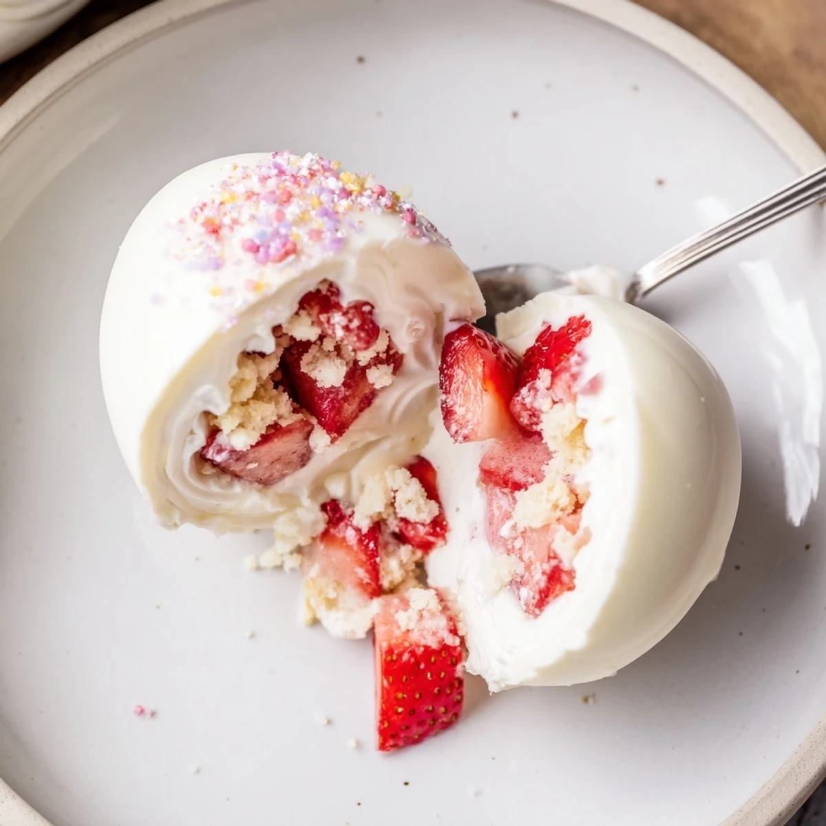 Plate of Strawberry Shortcake Easter Egg Bombs garnished with sprinkles, soft biscuit crumbs
