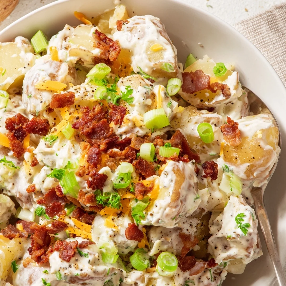 Heaping bowl of Beef Bacon Loaded Potato Salad topped with cheddar and parsley