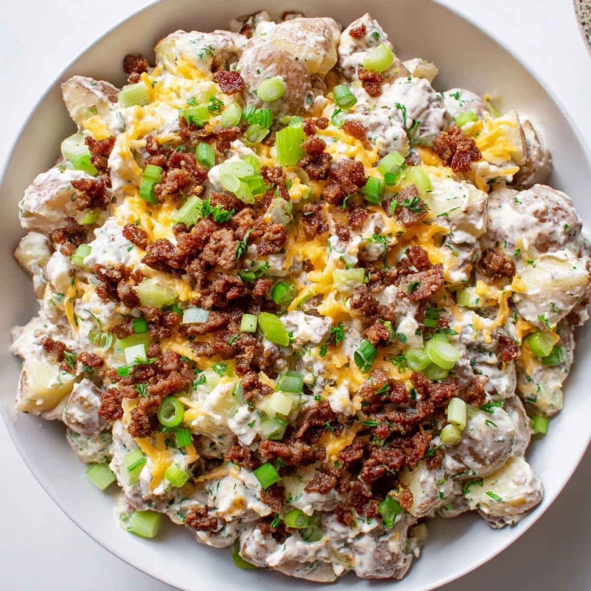 Beef Bacon Loaded Potato Salad shimmering with creamy dressing and crisp bacon
