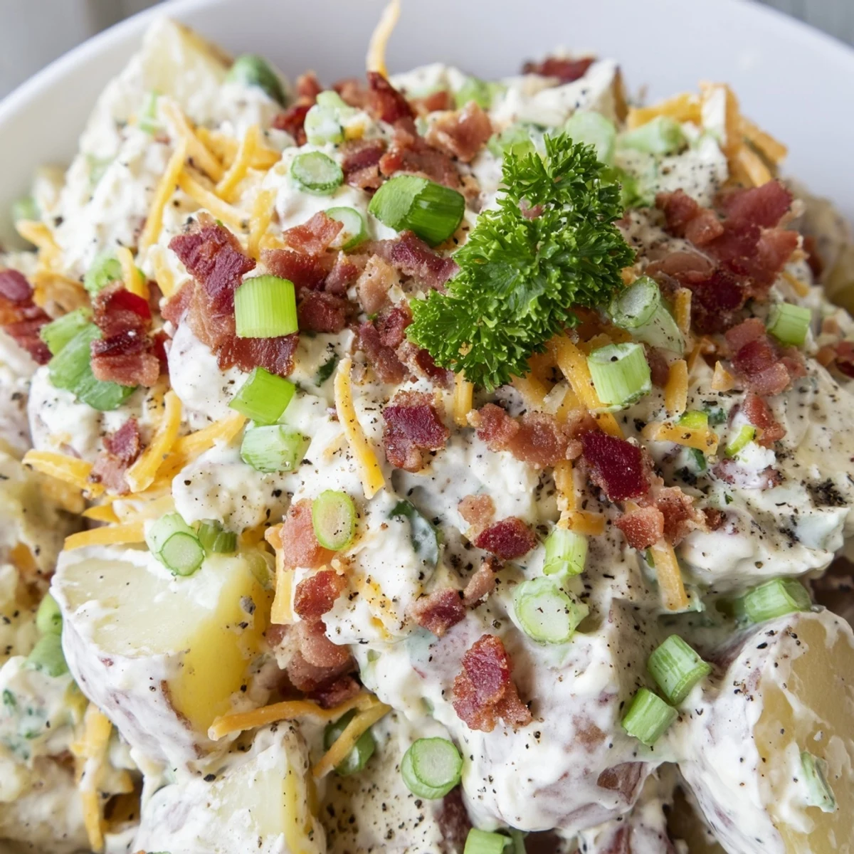 Warm Beef Bacon Loaded Potato Salad tossed with green onions, celery, tangy dressing