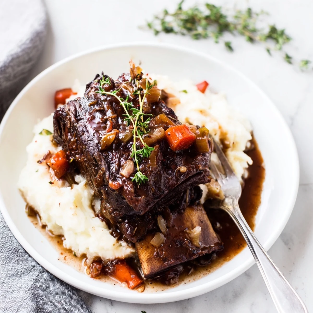 Glistening in rich gravy, Slow Cooker Beef Short Ribs atop creamy polenta