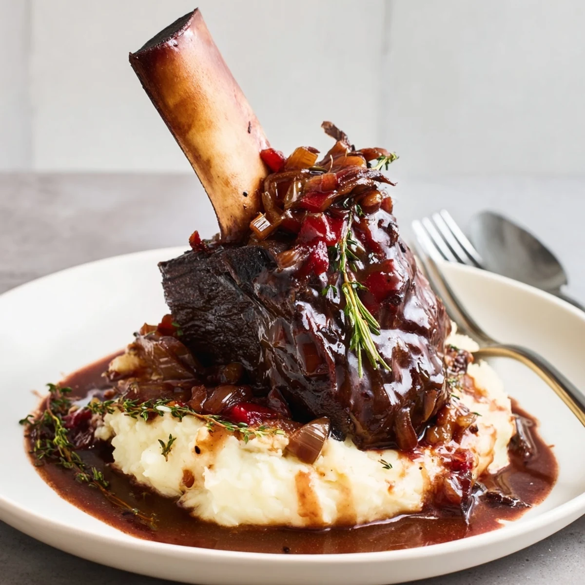 Slow Cooker Beef Short Ribs braised in red wine sauce, served with crusty bread