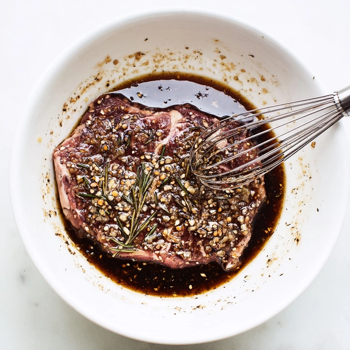 Steak Marinade glistening on raw ribeye, garlic and rosemary scent evident