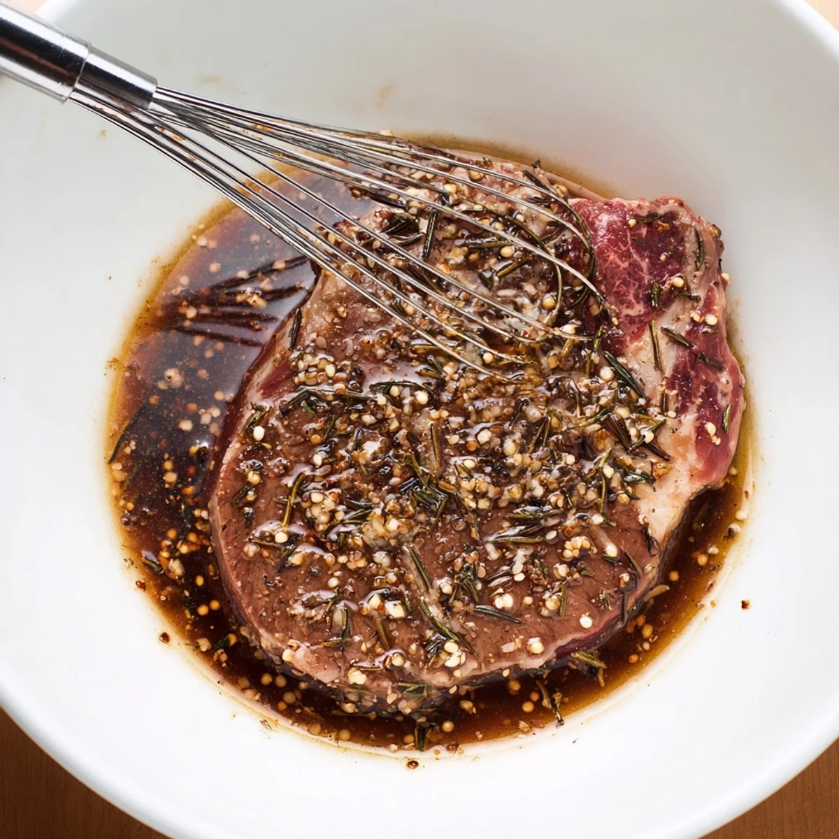 Homemade Steak Marinade poured over steaks before grilling, tangy balsamic aroma