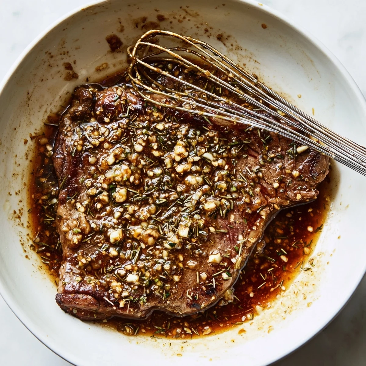 Steak Marinade brushed onto seared flank, caramelized edges, ready to slice