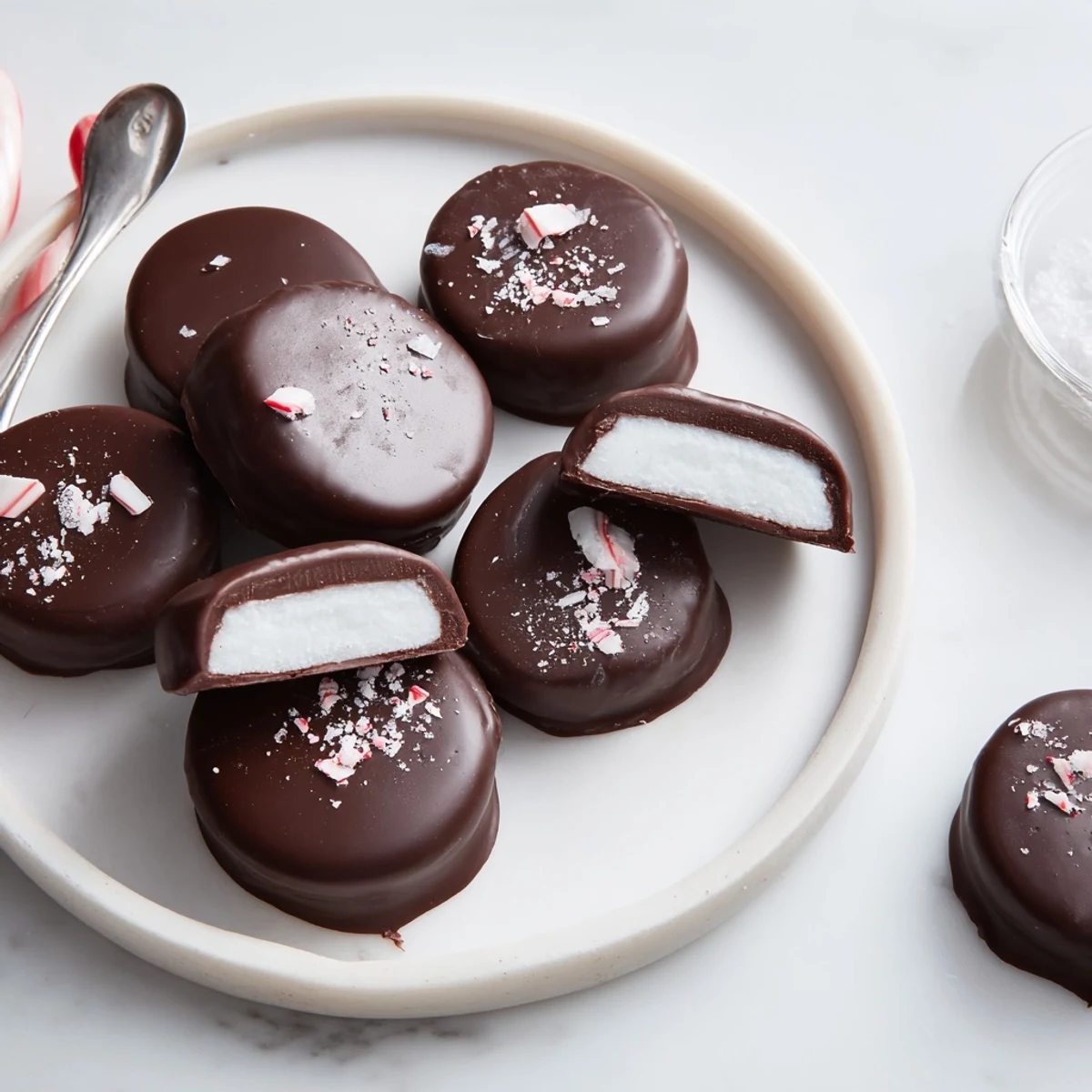 Peppermint Patties glossy dark chocolate coating, cool mint center on parchment