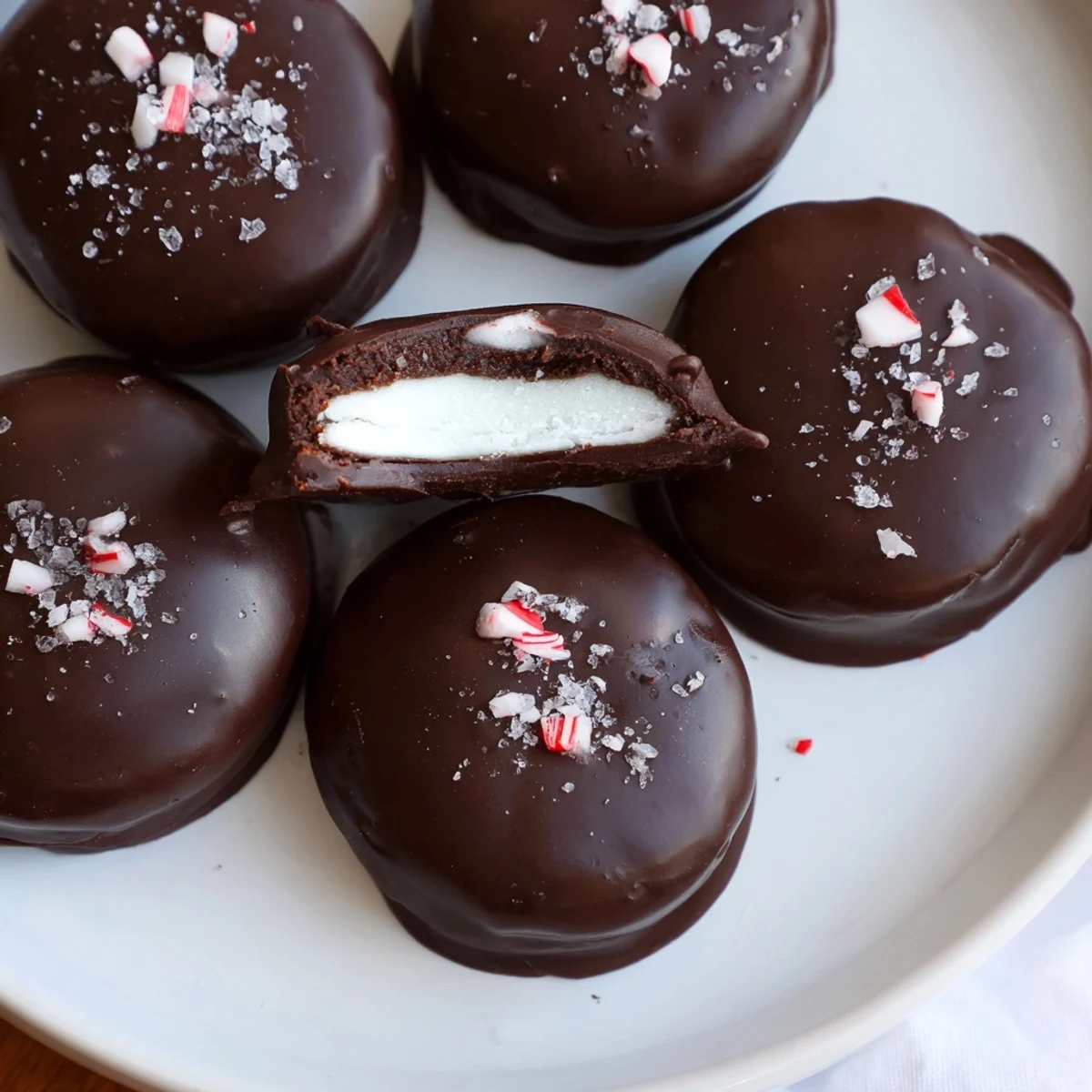 Tray of Peppermint Patties sprinkled with crushed candy, rich chocolate aroma