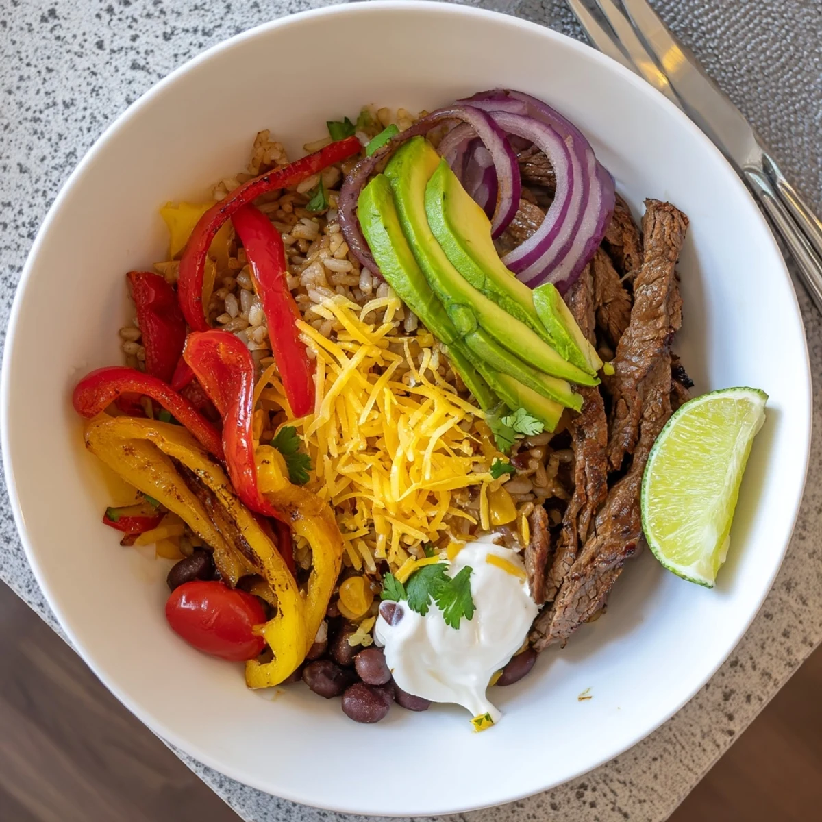 Steak Fajita Power Bowls with sizzling steak, charred peppers, creamy avocado