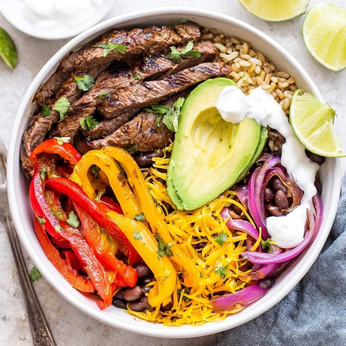 Steak Fajita Power Bowls served over brown rice, black beans, vibrant peppers