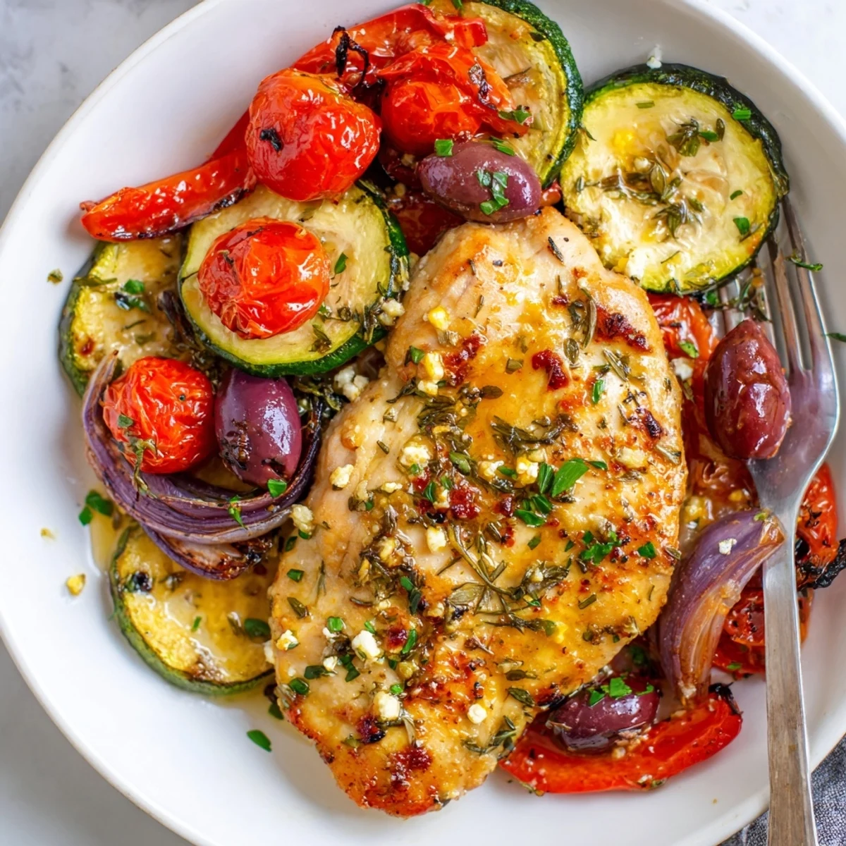 Sheet Pan Mediterranean Chicken Zucchini with golden roasted veggies, olives, and crumbled feta