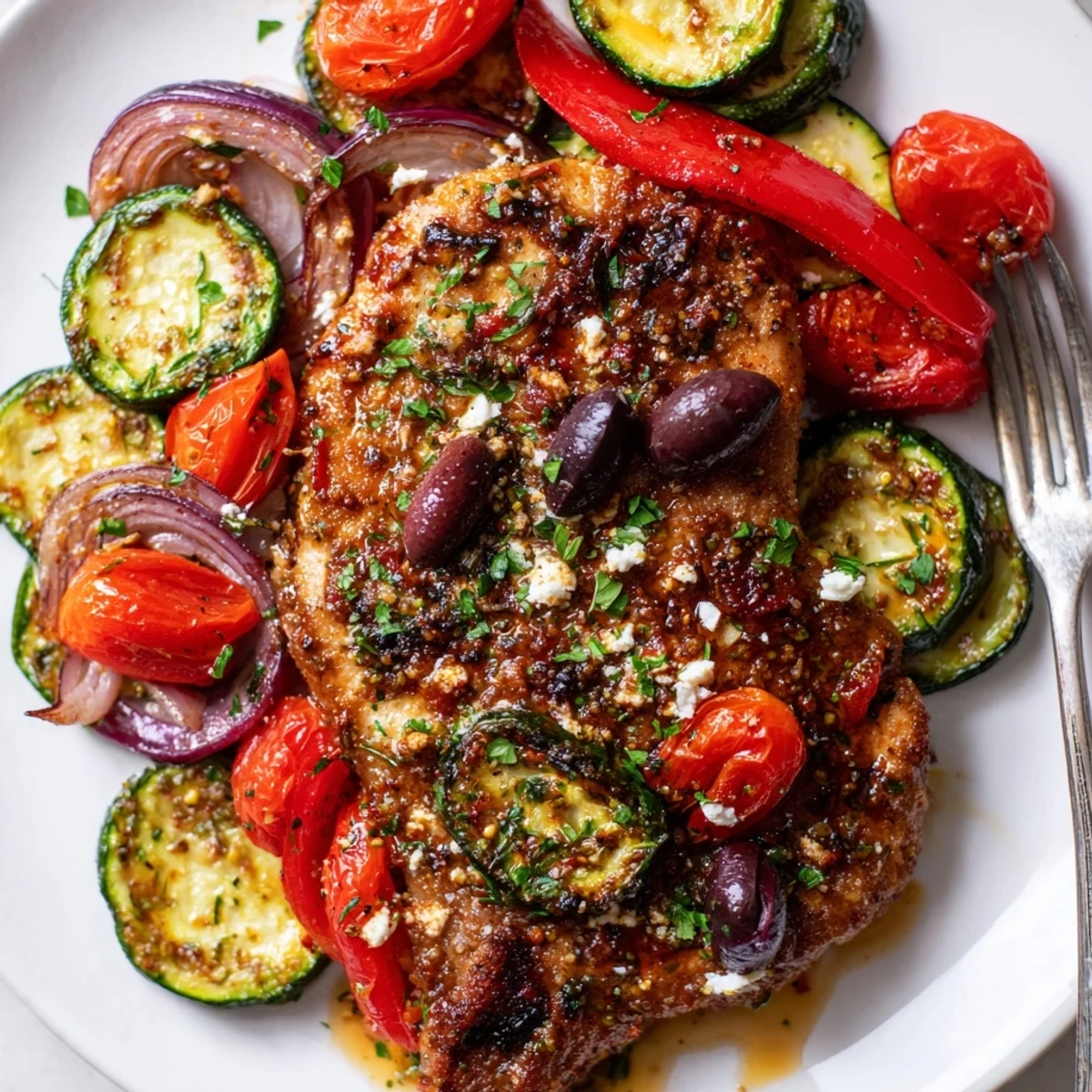 Citrus bright Sheet Pan Mediterranean Chicken Zucchini served hot with pan juices and parsley