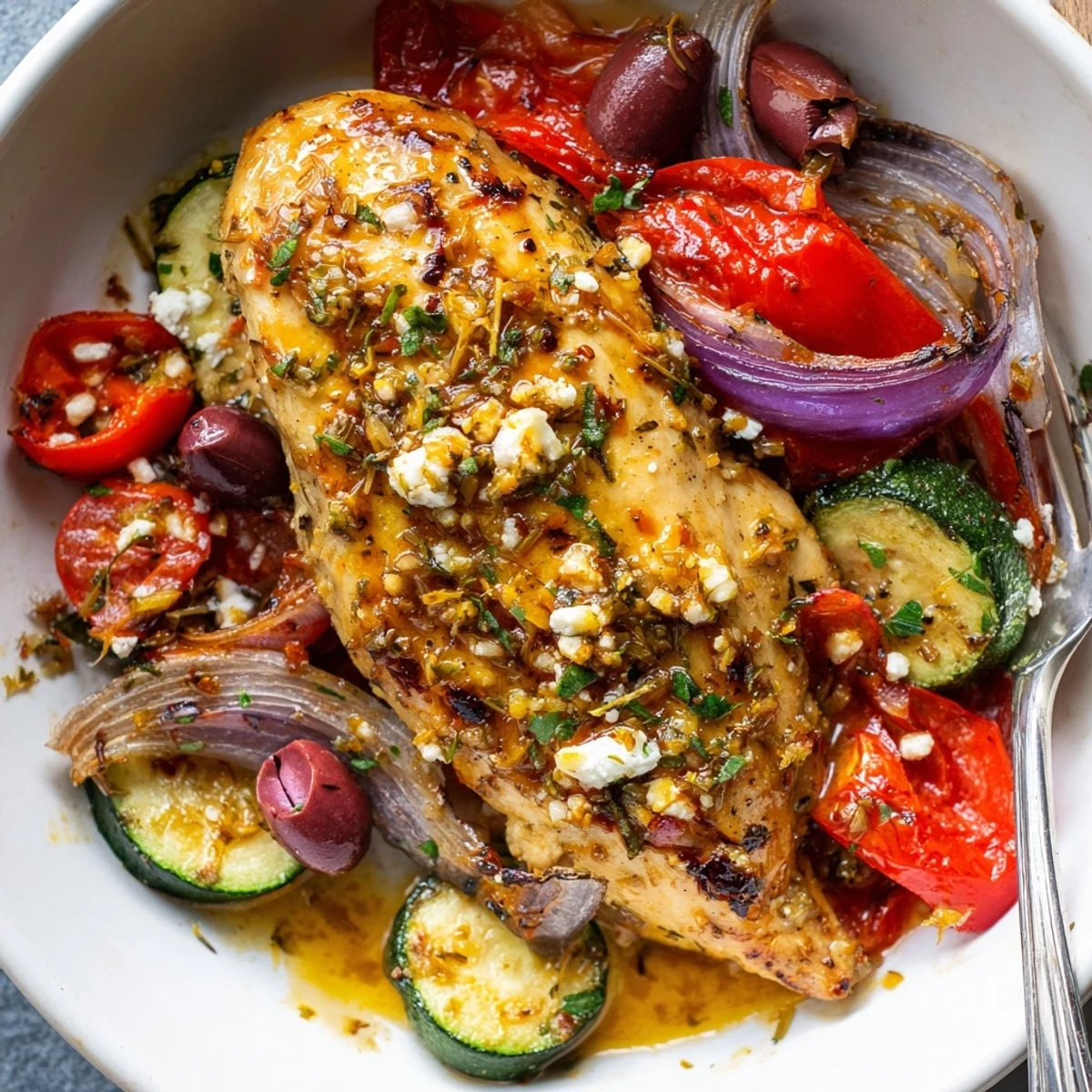 Oven roasted Sheet Pan Mediterranean Chicken Zucchini plated with warm pita and sprinkled parsley