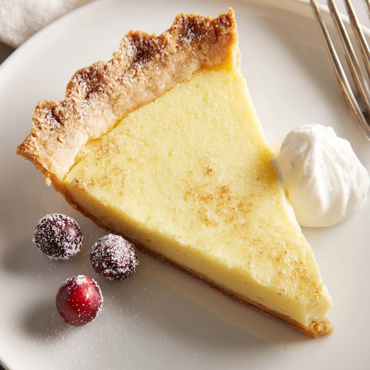 A chilled slice of Christmas Eve Custard Pie With Cinnamon Vanilla, sugared cranberry garnish.  