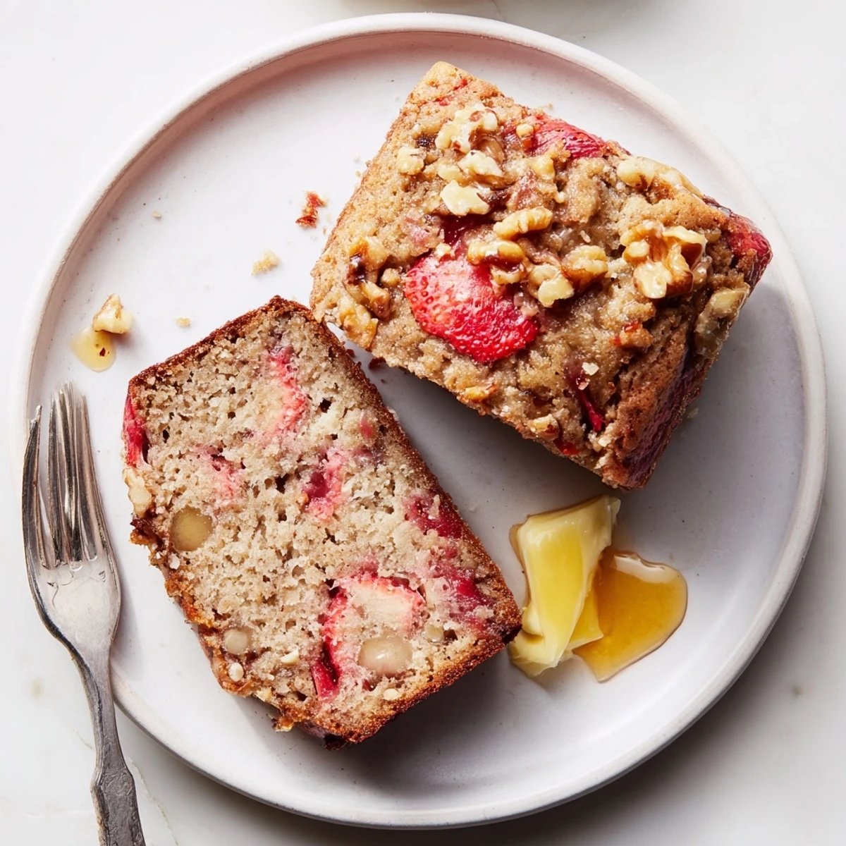 Warm Strawberry Banana Bread Recipe cooling on a wire rack, butter melting.