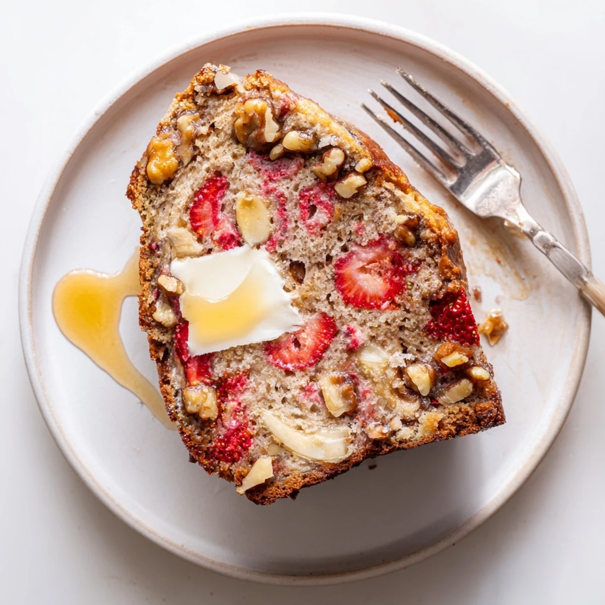 Homestyle Strawberry Banana Bread Recipe studded with diced strawberries and golden crust.