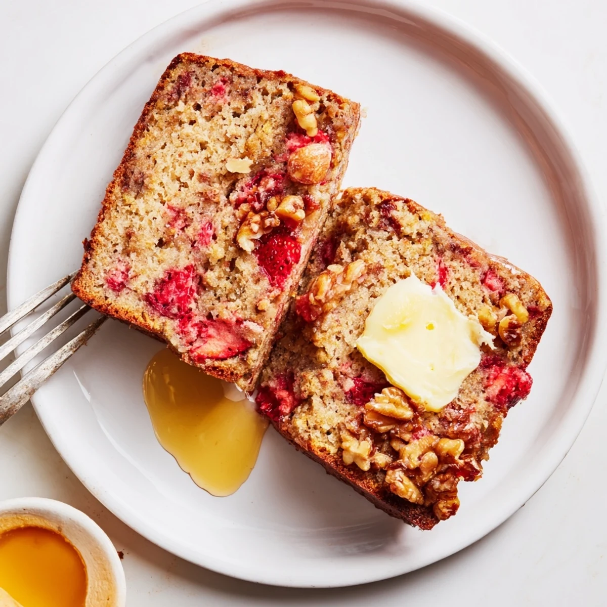 Sliced Strawberry Banana Bread Recipe on a plate, fragrant moist crumb visible.