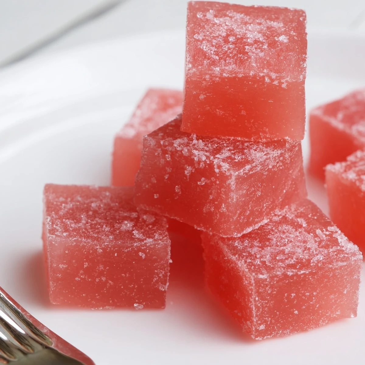 Sour Watermelon Fruit Chews tossed in tangy sugar, glossy red pink squares