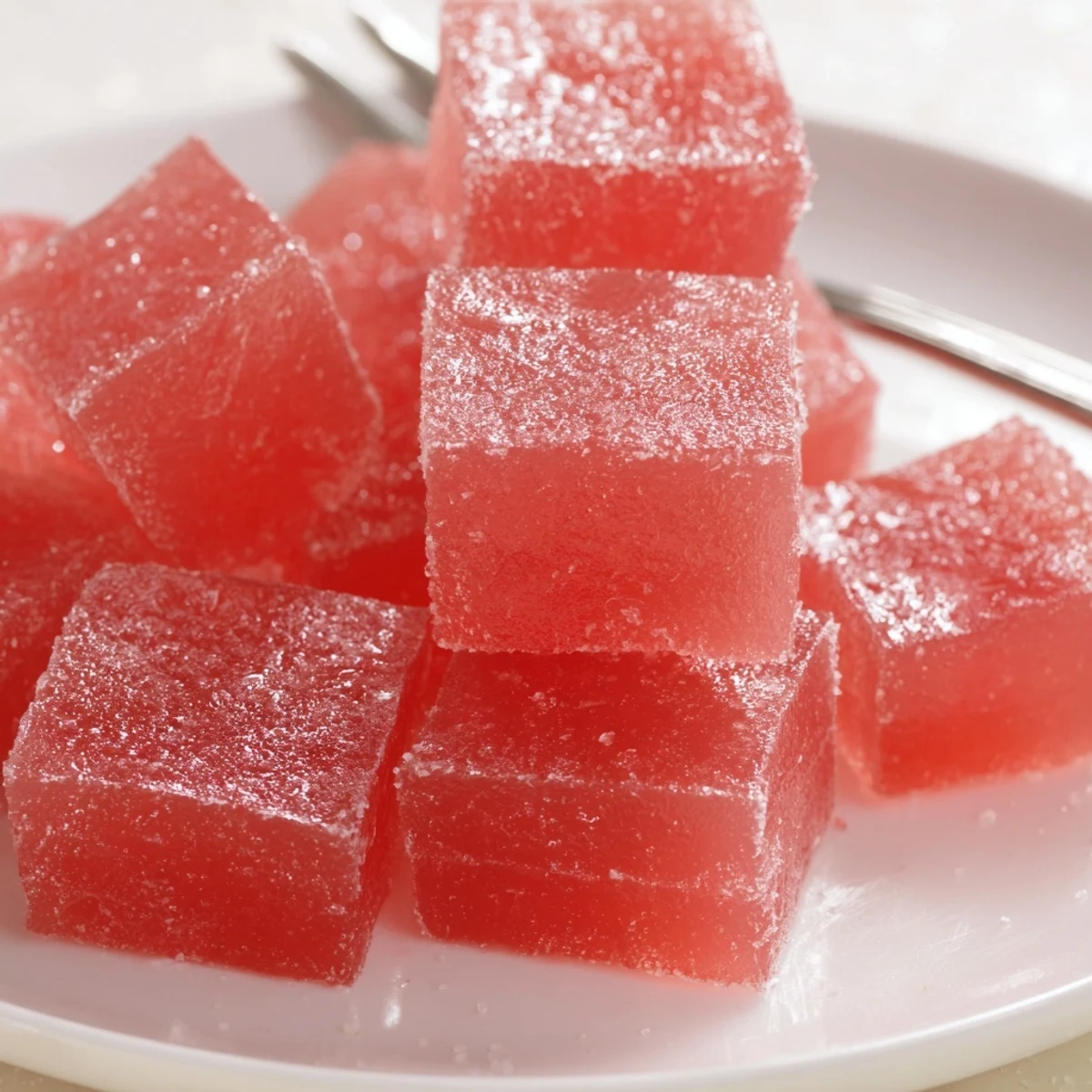 Freshly cut Sour Watermelon Fruit Chews on parchment, sticky and tart