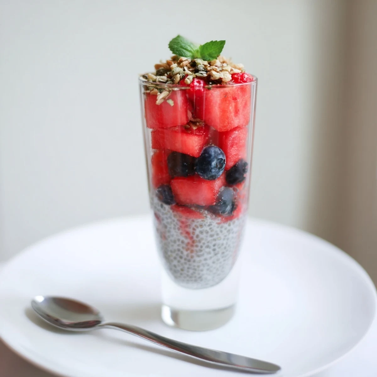 Watermelon Chia Parfait layered with juicy watermelon, creamy chia, chilled mint.