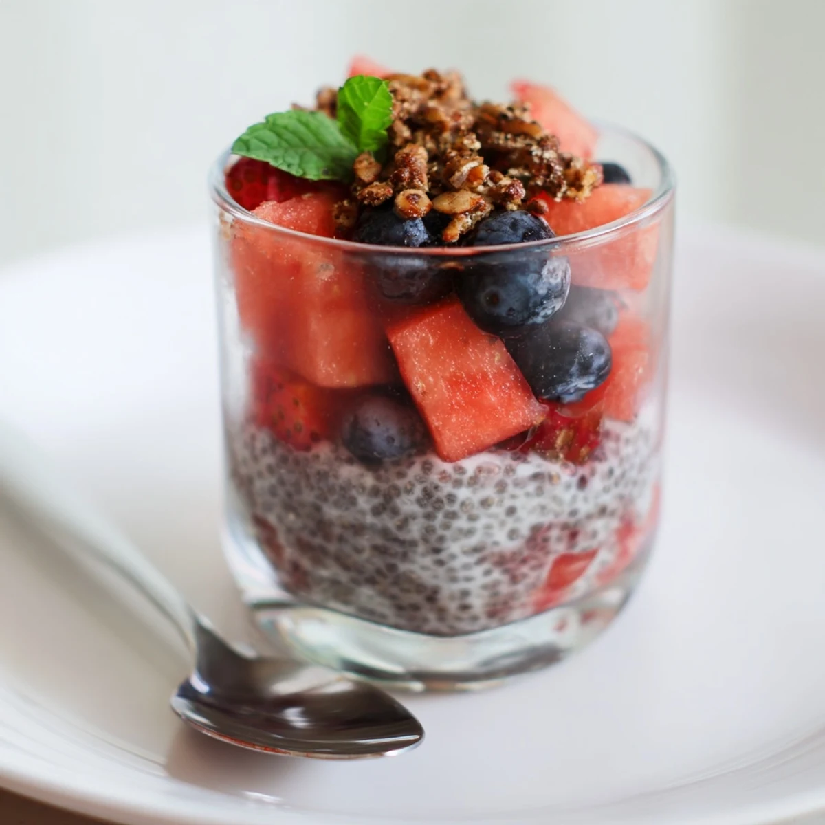 Vibrant Watermelon Chia Parfait in glass jar, topped with granola crunch.