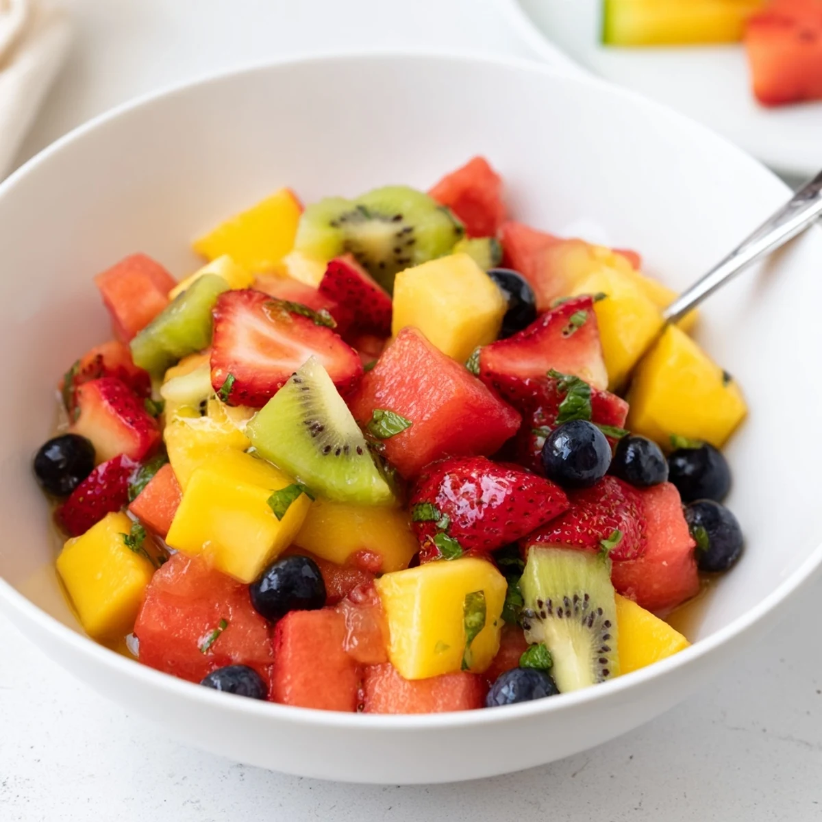 Juicy Summer Delights bowl of chilled fruit glistening with citrus-mint syrup.
