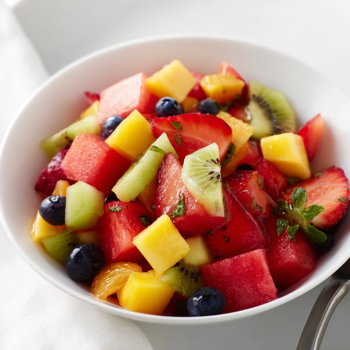 A vibrant Juicy Summer Delights plate, berries and kiwi releasing fragrant juices.
