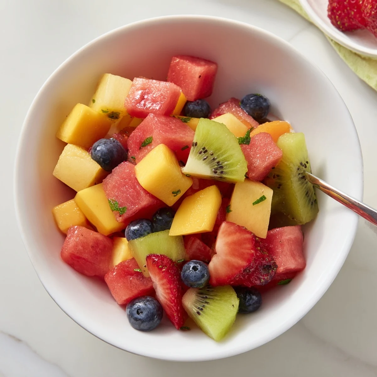 Bright Juicy Summer Delights tossed mango, watermelon, and mint, served cold.