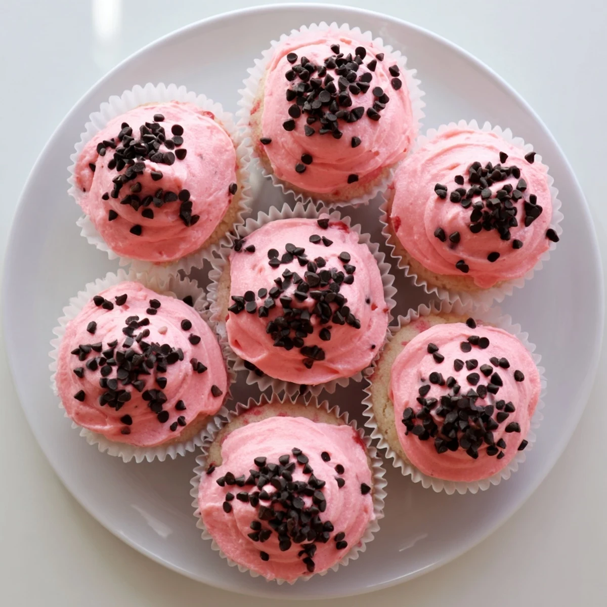 Fresh vanilla watermelon cupcakes piped with vibrant pink buttercream and green rind detailing