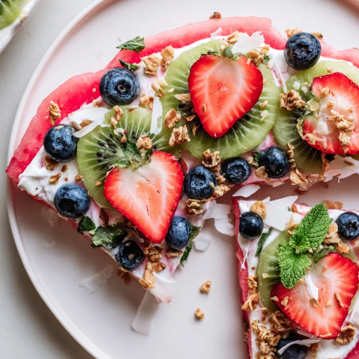 Watermelon pizza topped with creamy Greek yogurt and colorful fresh summer fruit arrangements