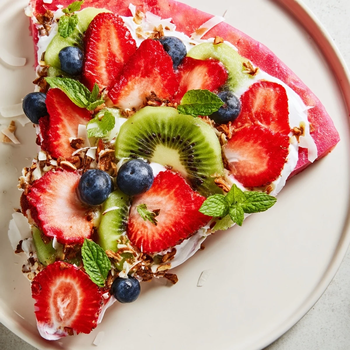 Fresh watermelon pizza slice garnished with strawberries, blueberries, kiwi, and mint leaves